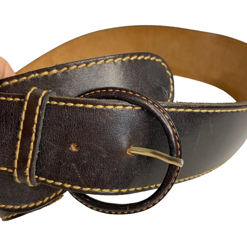 Handmade waxed oil tan leather wide belt 9294 brown round buckle Made in Uruguay - Picture 3 of 6